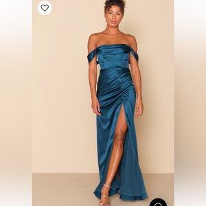 Teal satin off the shoulder maxi dress with high slit - Lulus
